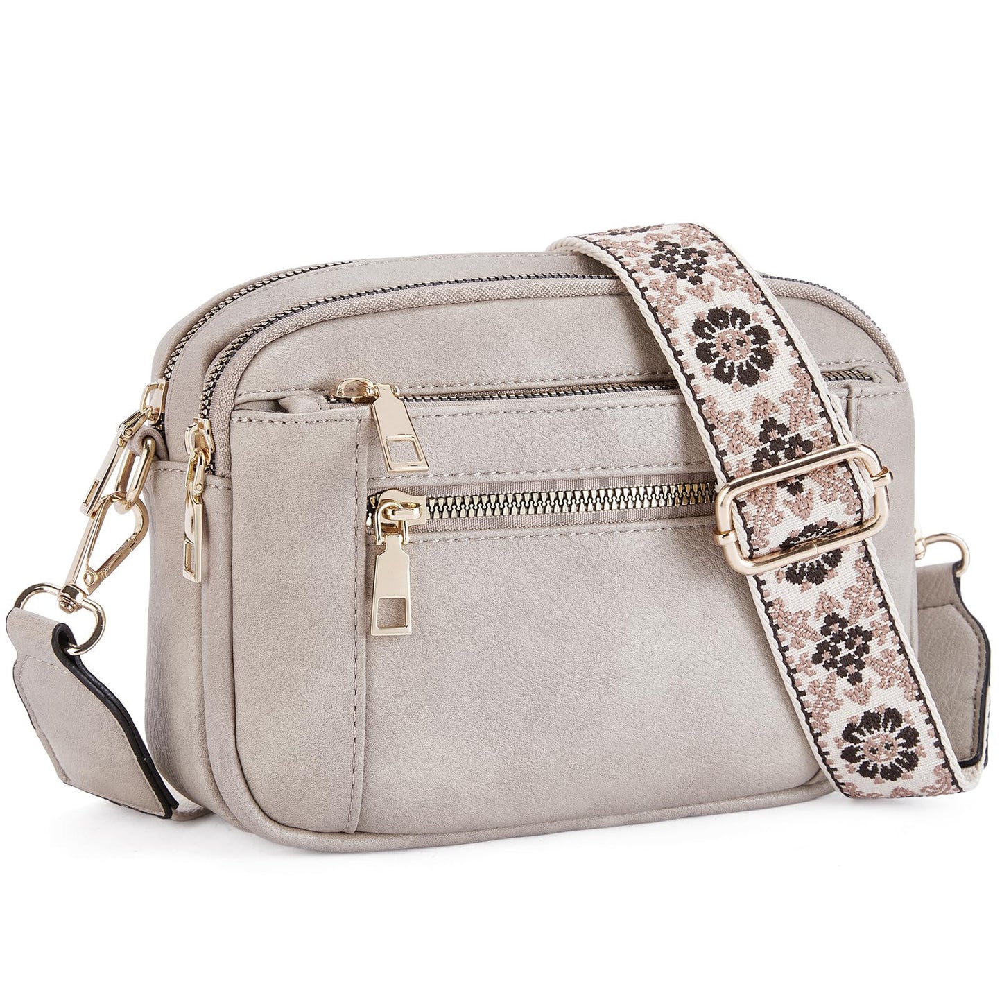 Triple-zip Shoulder Bag With Floral Embroidered Straps Multi-functional Crossbody Bags For Women