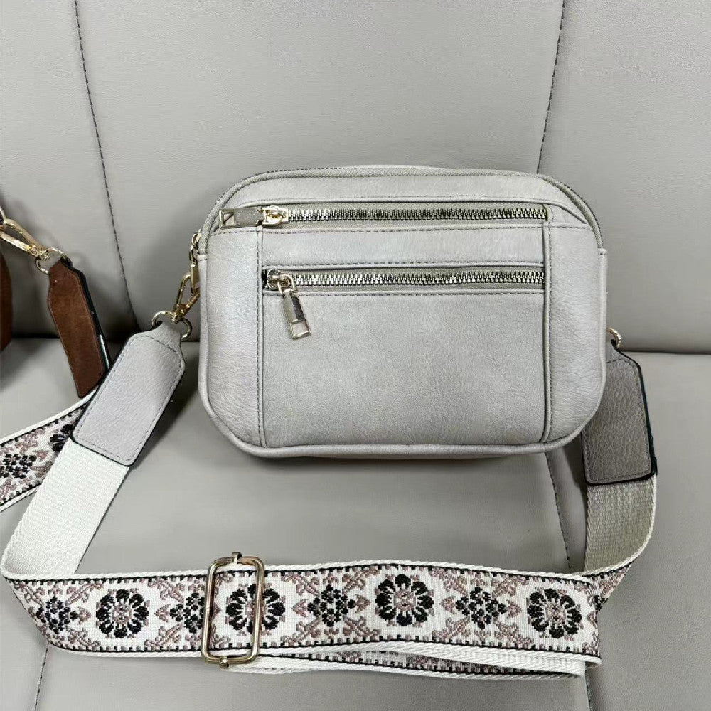 Triple-zip Shoulder Bag With Floral Embroidered Straps Multi-functional Crossbody Bags For Women