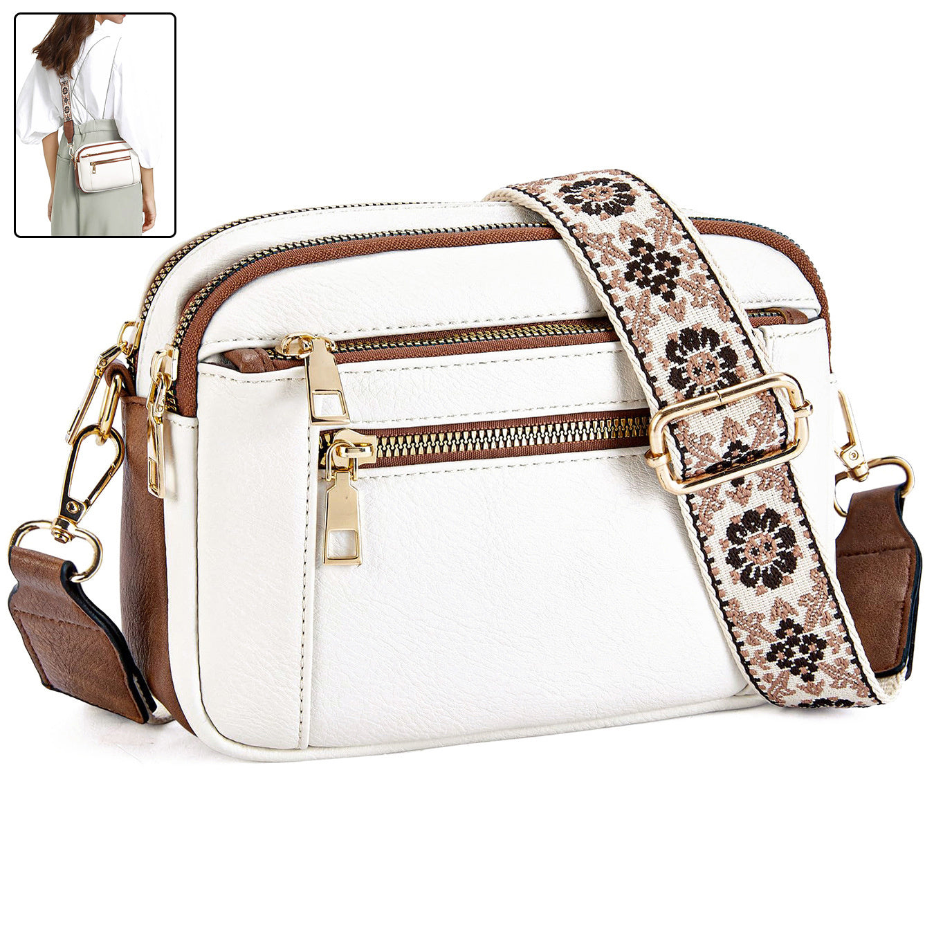 Triple-zip Shoulder Bag With Floral Embroidered Straps Multi-functional Crossbody Bags For Women