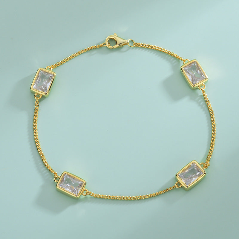 Simple Gold-Coloured S925 Sterling Silver Jewelry Set – Rectangle CZ Zircon for Women