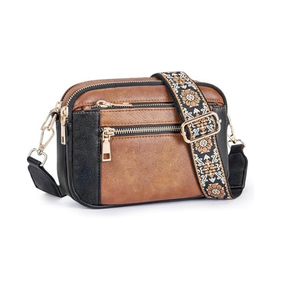 Triple-zip Shoulder Bag With Floral Embroidered Straps Multi-functional Crossbody Bags For Women