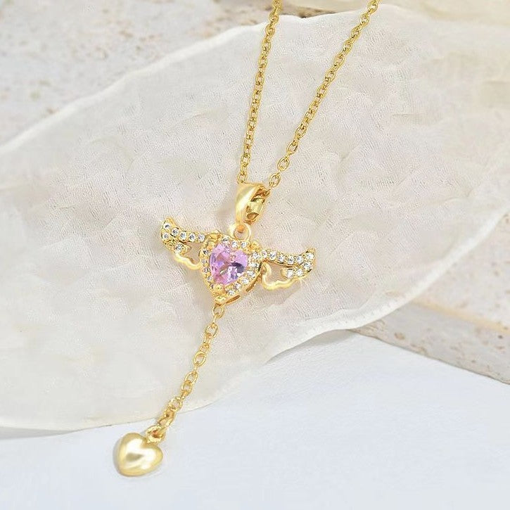 Romantic Cupid Heart Necklace – Angel Wings, Tassel & Crystal Pendant for Women | Valentine’s Day Gift