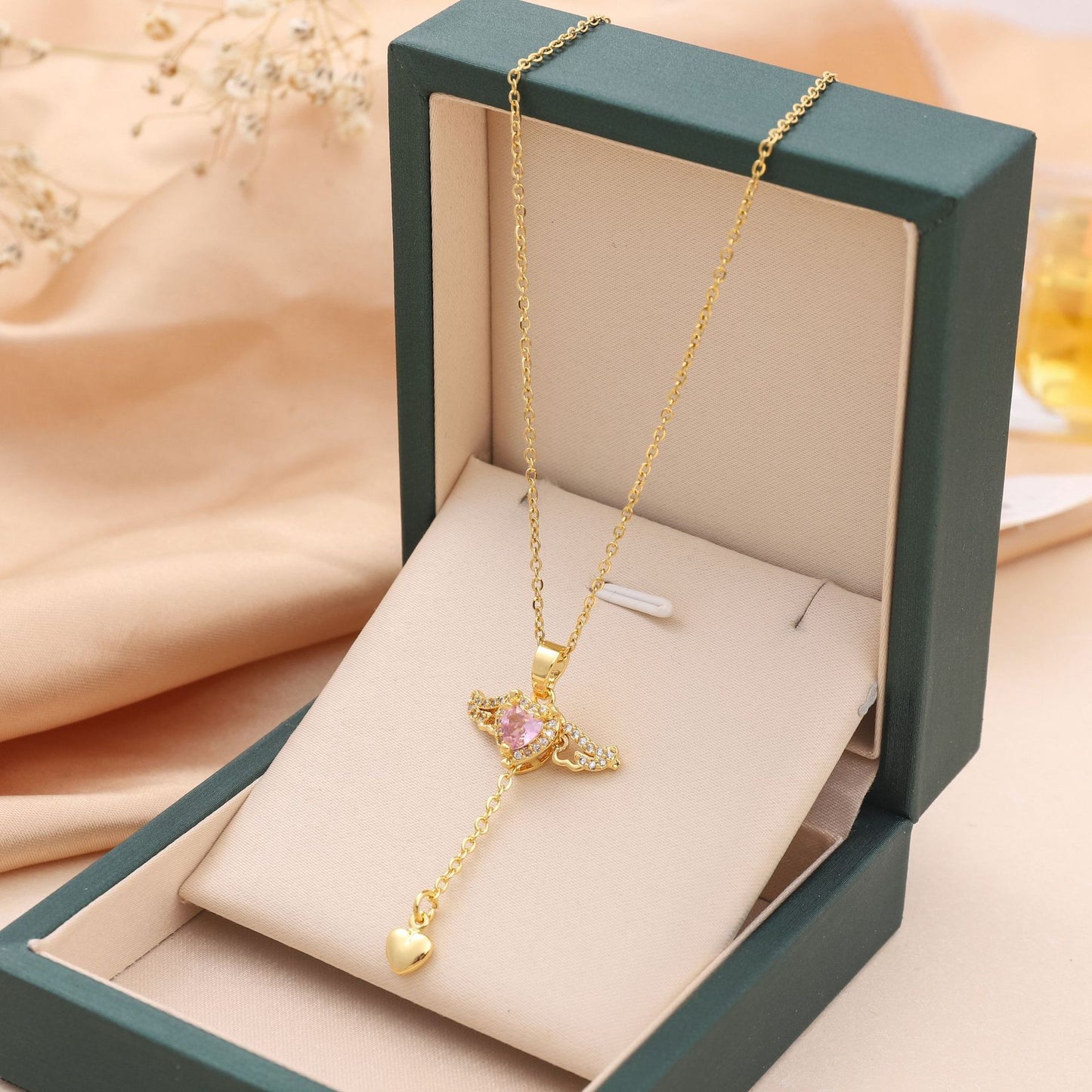 Romantic Cupid Heart Necklace – Angel Wings, Tassel & Crystal Pendant for Women | Valentine’s Day Gift