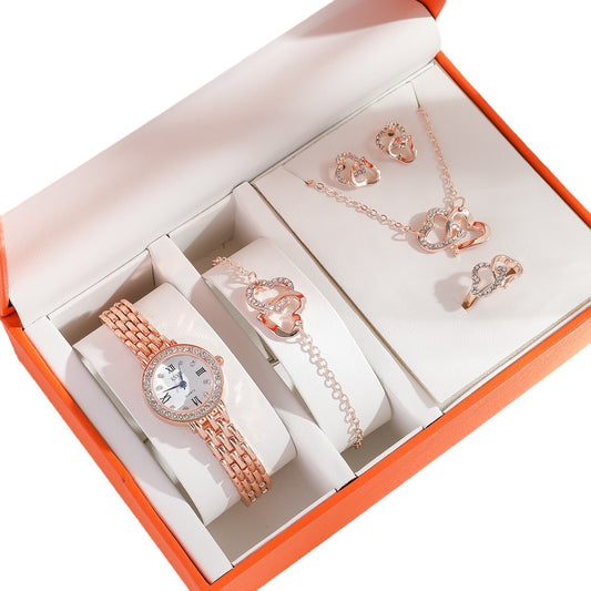 Diamond Temperament Set Women's Watch, Bracelet, Earring, Necklace, Ring - High-Quality Fashion