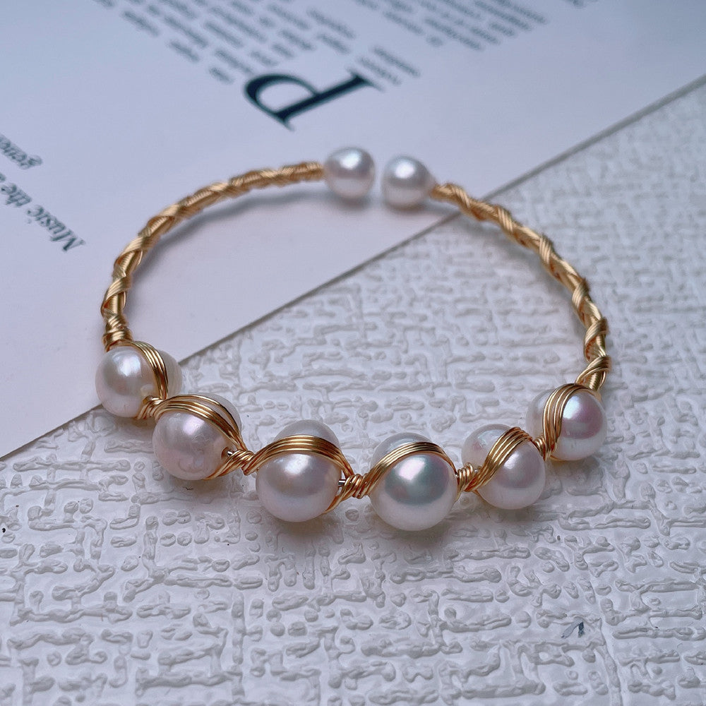 Freshwater Near-round Pearl Bracelet 14K Electroplating Handmade Winding