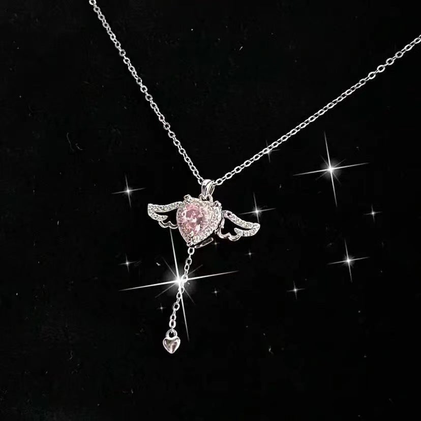 Romantic Cupid Heart Necklace – Angel Wings, Tassel & Crystal Pendant for Women | Valentine’s Day Gift