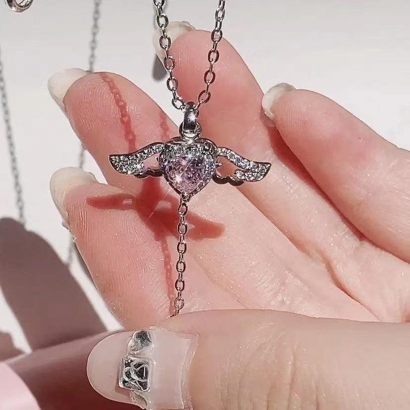 Romantic Cupid Heart Necklace – Angel Wings, Tassel & Crystal Pendant for Women | Valentine’s Day Gift