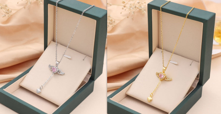 Romantic Cupid Heart Necklace – Angel Wings, Tassel & Crystal Pendant for Women | Valentine’s Day Gift