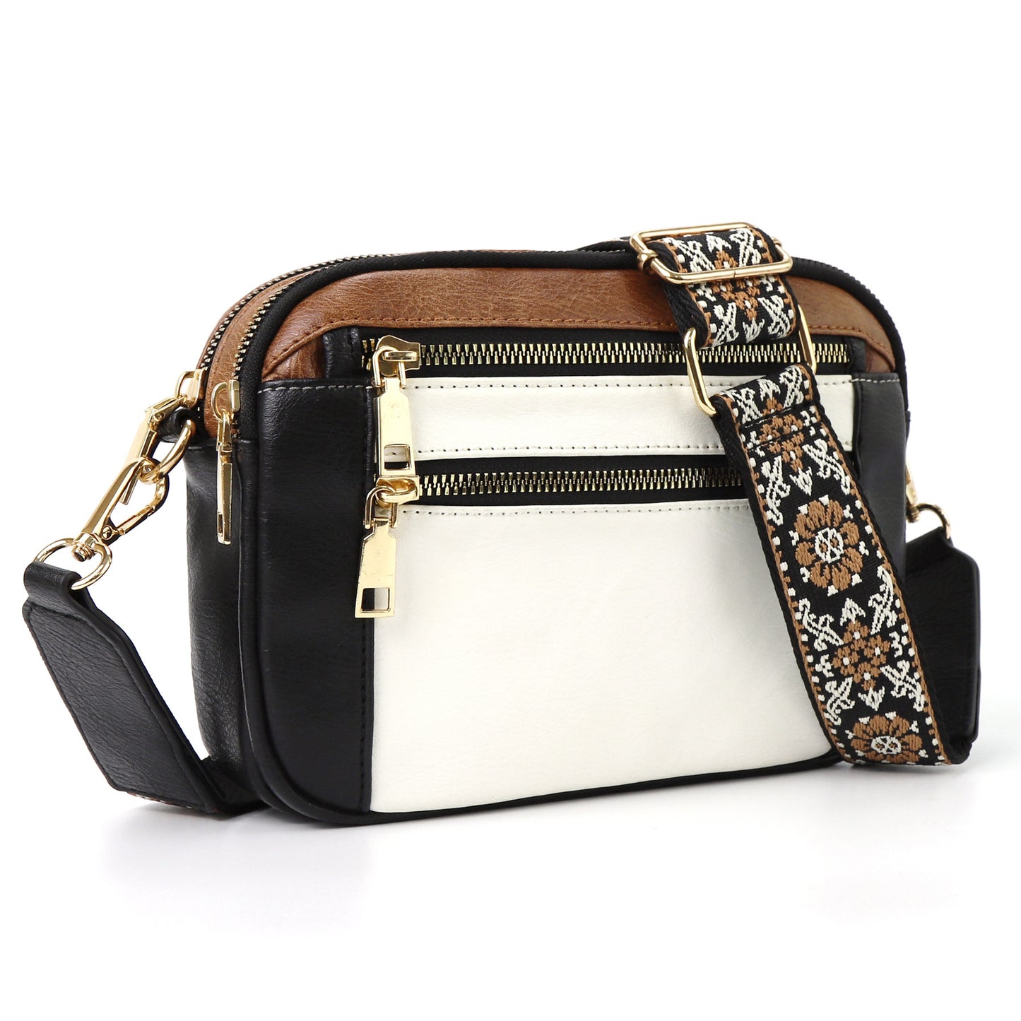 Triple-zip Shoulder Bag With Floral Embroidered Straps Multi-functional Crossbody Bags For Women