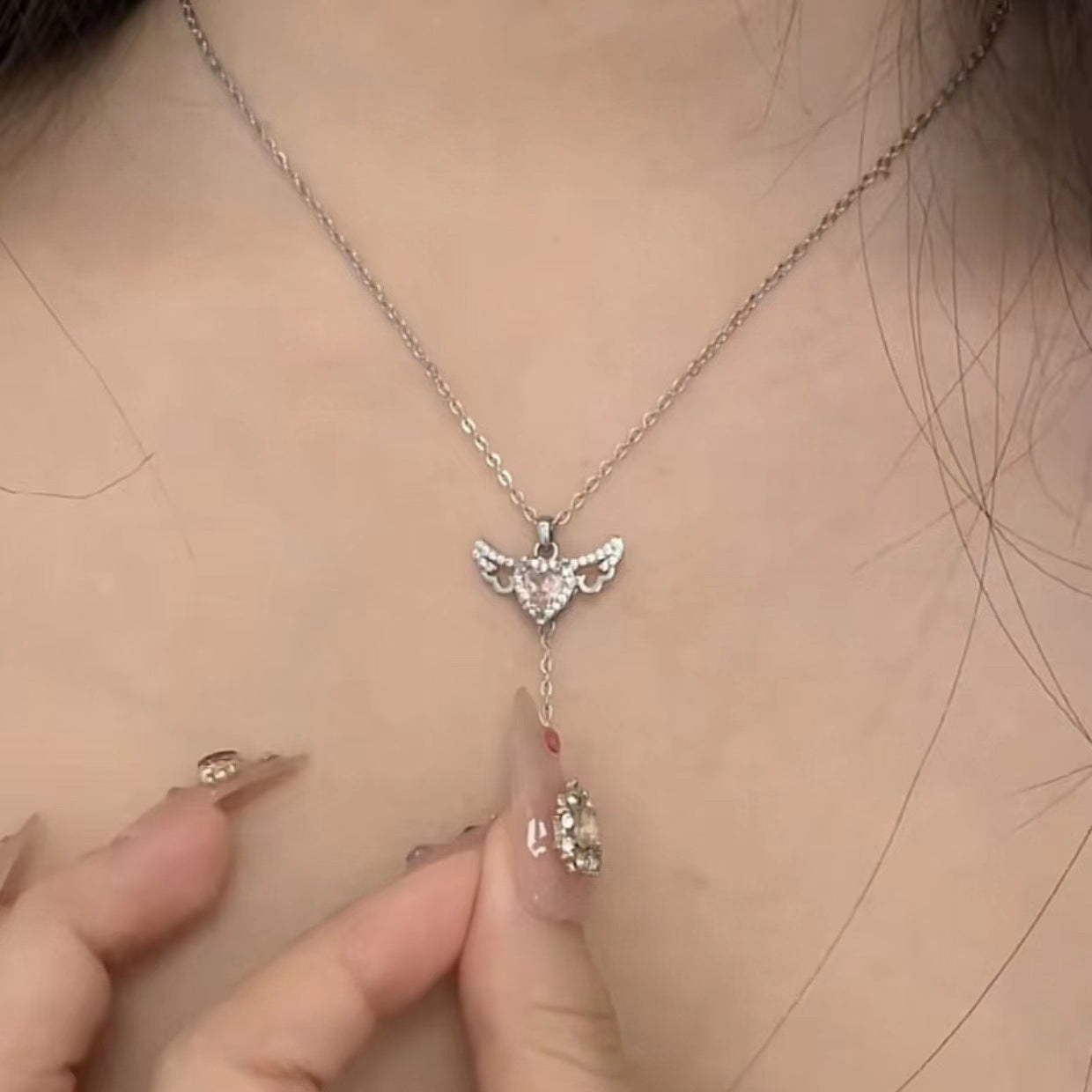 Romantic Cupid Heart Necklace – Angel Wings, Tassel & Crystal Pendant for Women | Valentine’s Day Gift