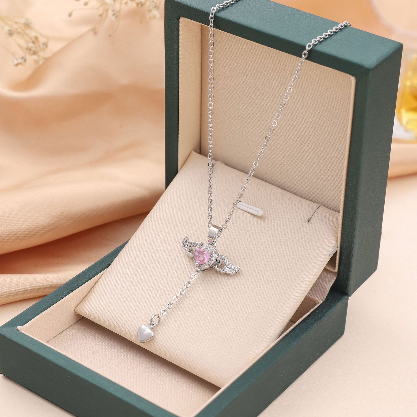 Romantic Cupid Heart Necklace – Angel Wings, Tassel & Crystal Pendant for Women | Valentine’s Day Gift
