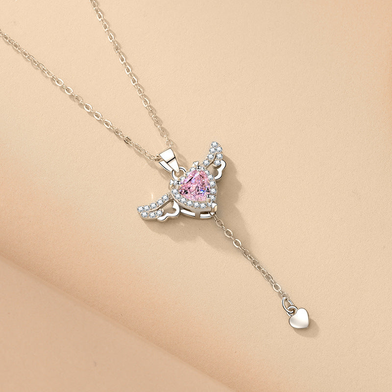 Romantic Cupid Heart Necklace – Angel Wings, Tassel & Crystal Pendant for Women | Valentine’s Day Gift