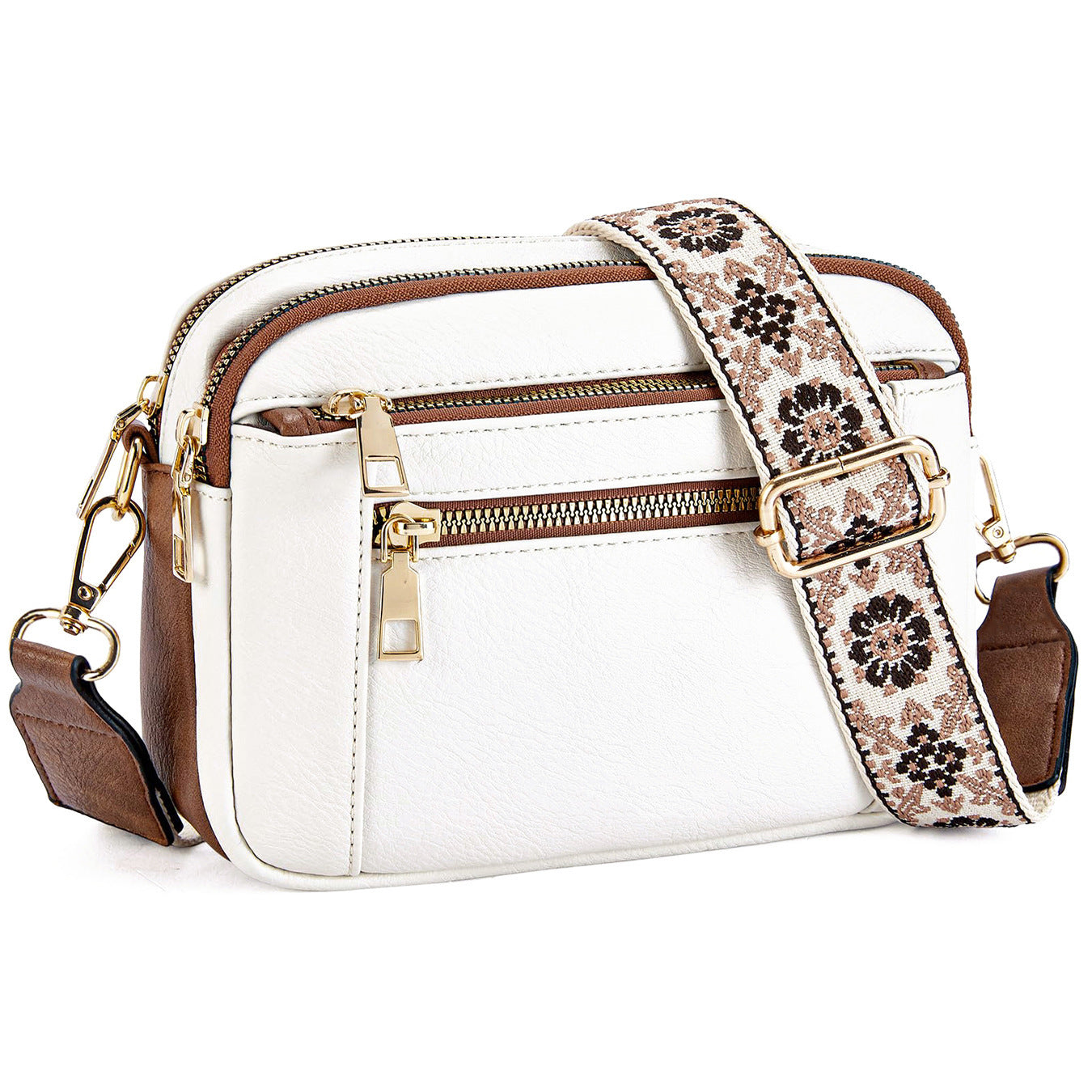 Triple-zip Shoulder Bag With Floral Embroidered Straps Multi-functional Crossbody Bags For Women