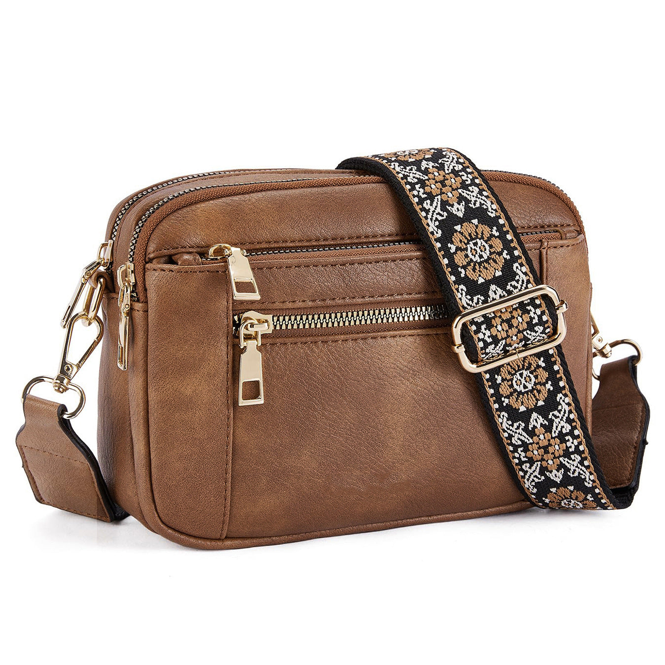 Triple-zip Shoulder Bag With Floral Embroidered Straps Multi-functional Crossbody Bags For Women