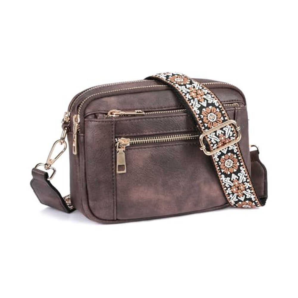 Triple-zip Shoulder Bag With Floral Embroidered Straps Multi-functional Crossbody Bags For Women