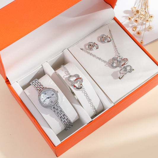 Diamond Temperament Set Women's Watch, Bracelet, Earring, Necklace, Ring - High-Quality Fashion