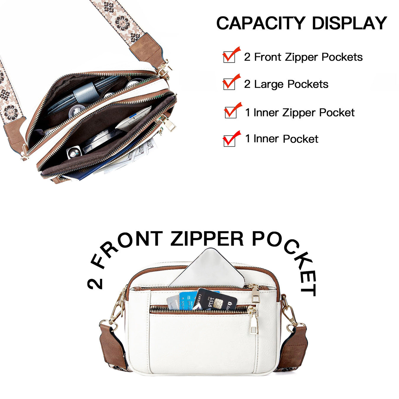 Triple-zip Shoulder Bag With Floral Embroidered Straps Multi-functional Crossbody Bags For Women