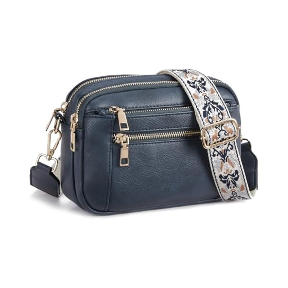 Triple-zip Shoulder Bag With Floral Embroidered Straps Multi-functional Crossbody Bags For Women