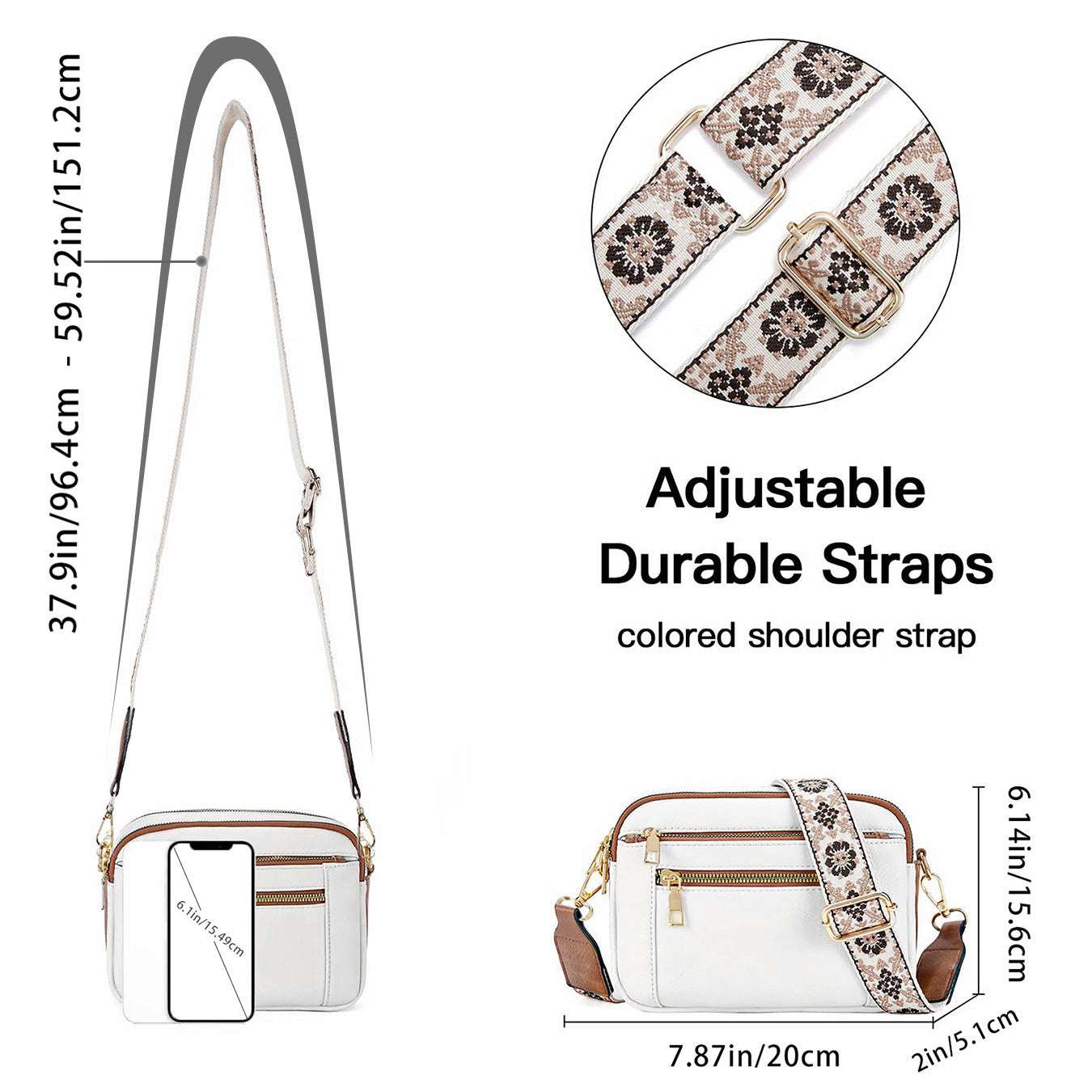 Triple-zip Shoulder Bag With Floral Embroidered Straps Multi-functional Crossbody Bags For Women