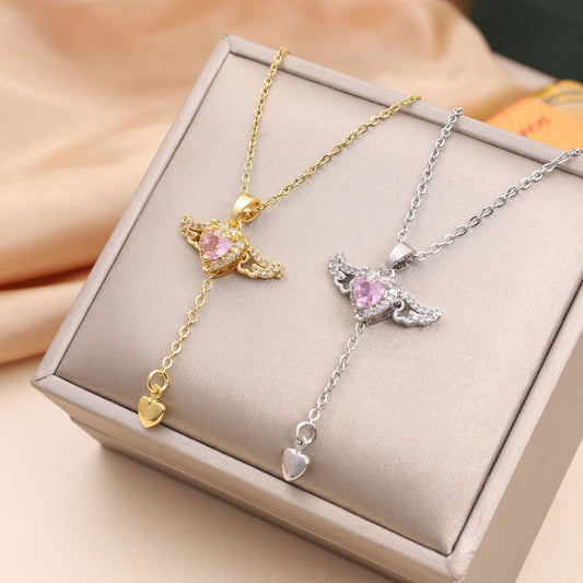 Romantic Cupid Heart Necklace – Angel Wings, Tassel & Crystal Pendant for Women | Valentine’s Day Gift