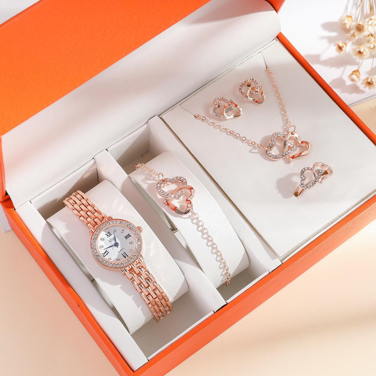 Diamond Temperament Set Women's Watch, Bracelet, Earring, Necklace, Ring - High-Quality Fashion