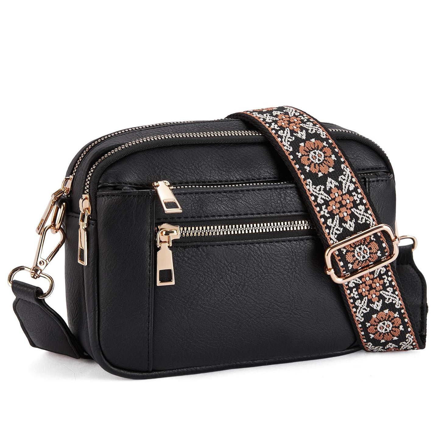 Triple-zip Shoulder Bag With Floral Embroidered Straps Multi-functional Crossbody Bags For Women