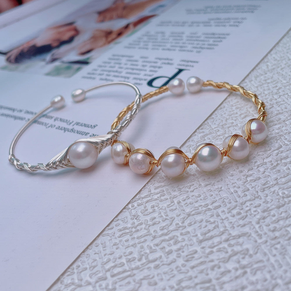 Freshwater Near-round Pearl Bracelet 14K Electroplating Handmade Winding
