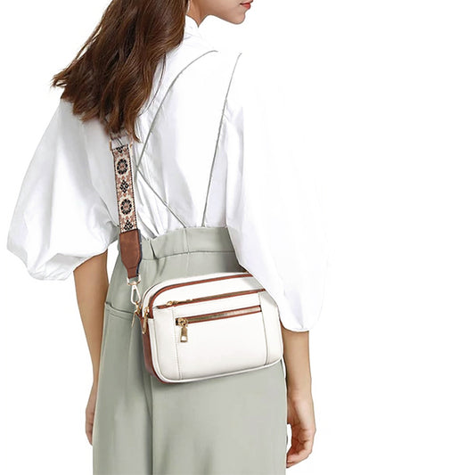 Triple-zip Shoulder Bag With Floral Embroidered Straps Multi-functional Crossbody Bags For Women